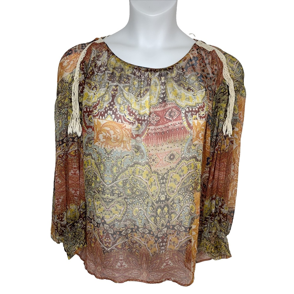Zara Women's L Large Chiffon Sheer‎ Floral Paisley Long Sleeve Macrame Blouse